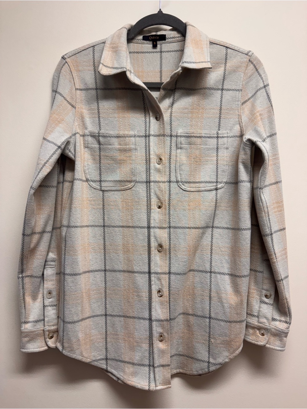 Quince Stretch Sweater Fleece Shirt Oatmeal Plaid Button-Front EUC Size S